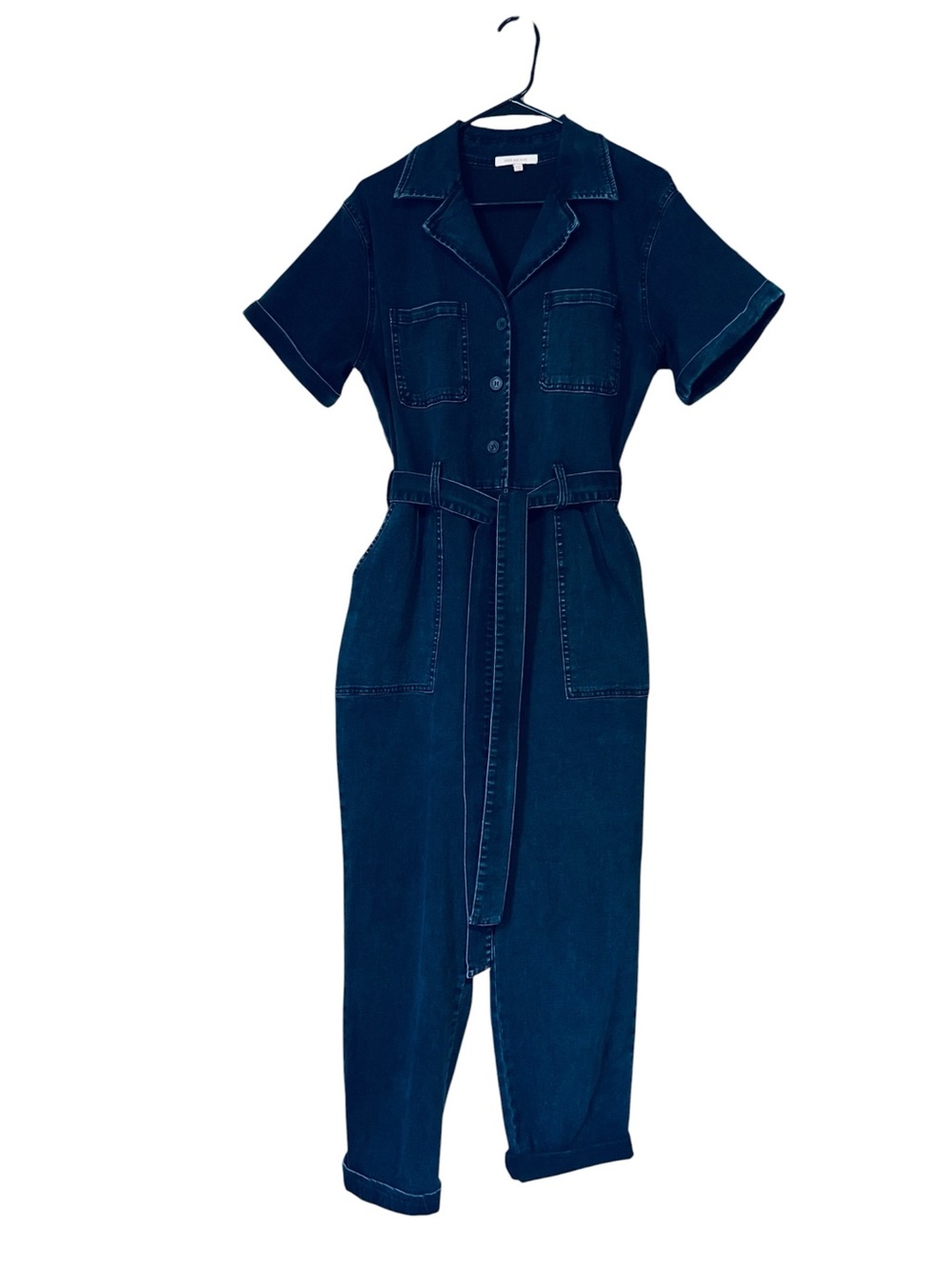 Skies Are Blue Dark Blue Short-Sleeve Denim Overalls with Waist Tie Size Large